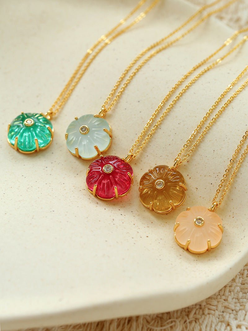 Handcrafted Glass Flower Pendant Necklace - 18K Gold Plated Vintage Floral Choker - floysun