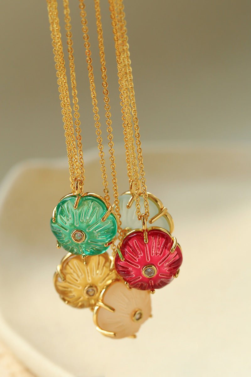 Handcrafted Glass Flower Pendant Necklace - 18K Gold Plated Vintage Floral Choker - floysun
