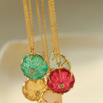 Handcrafted Glass Flower Pendant Necklace - 18K Gold Plated Vintage Floral Choker - floysun