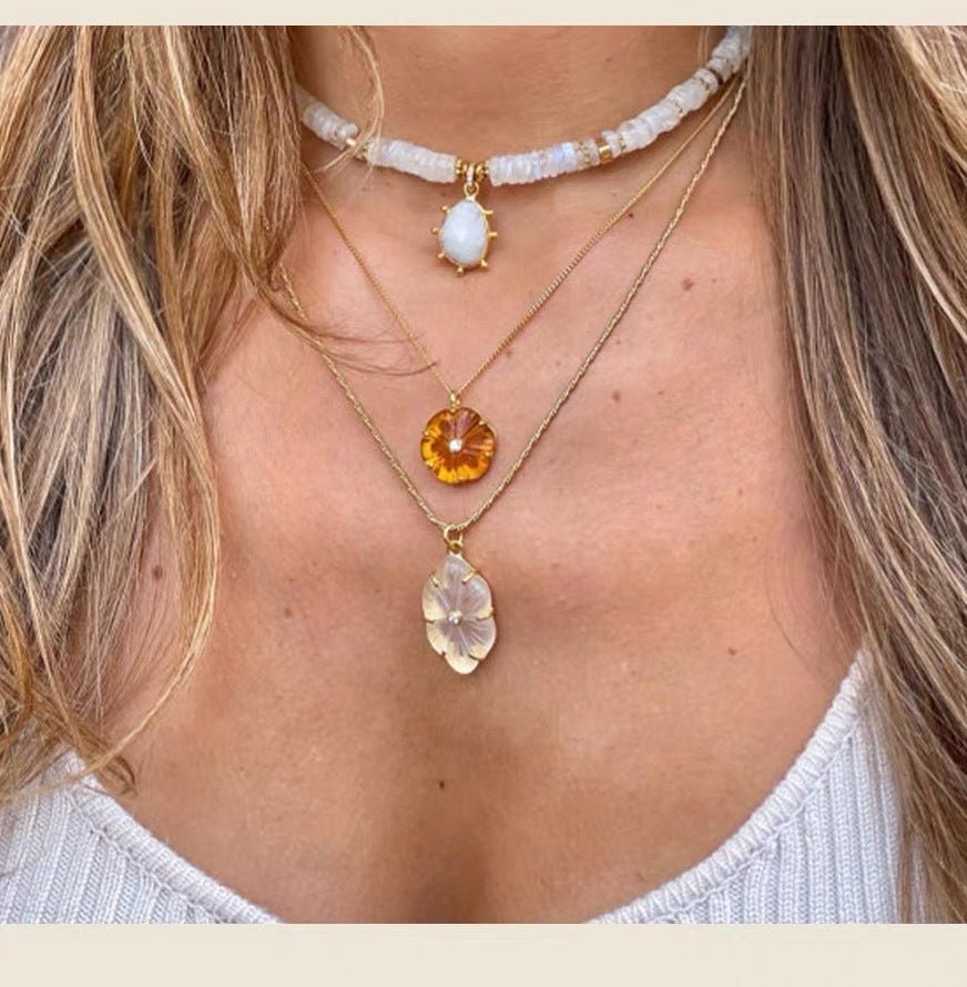 Handcrafted Glass Flower Pendant Necklace - 18K Gold Plated Vintage Floral Choker - floysun