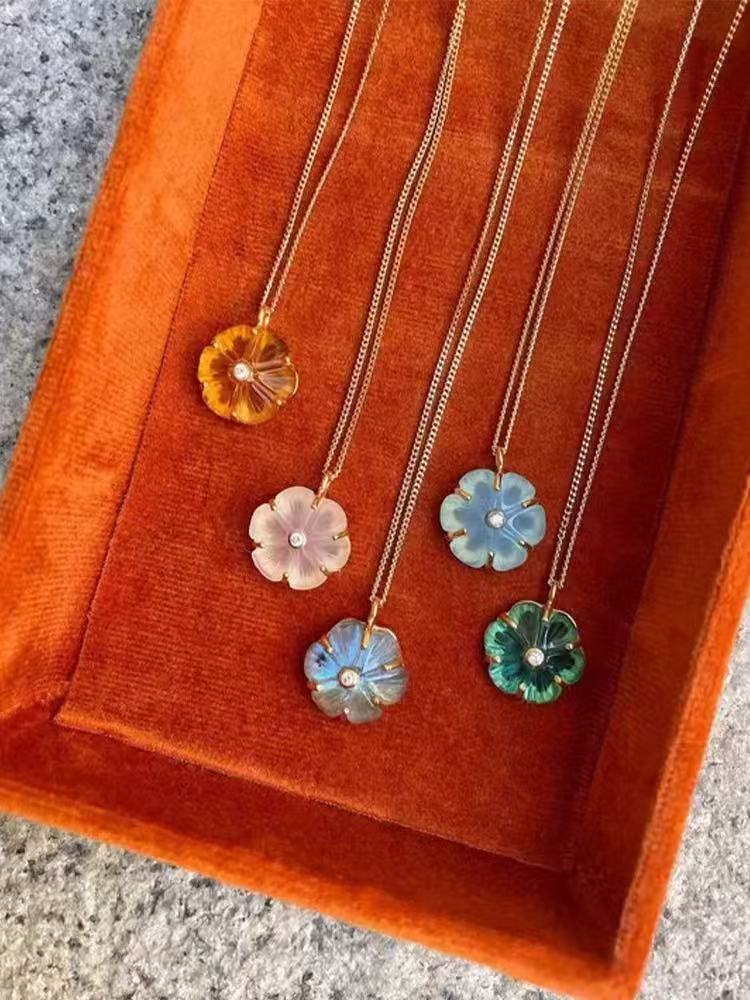 Handcrafted Glass Flower Pendant Necklace - 18K Gold Plated Vintage Floral Choker - floysun