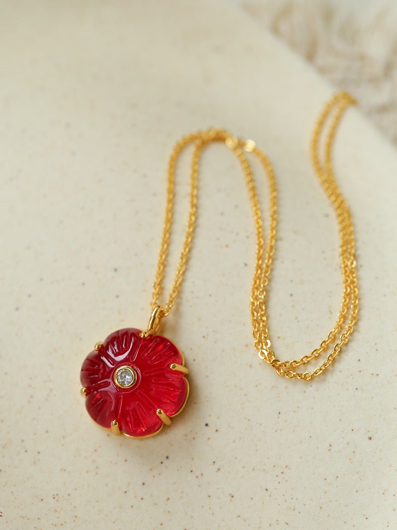 Handcrafted Glass Flower Pendant Necklace - 18K Gold Plated Vintage Floral Choker - floysun