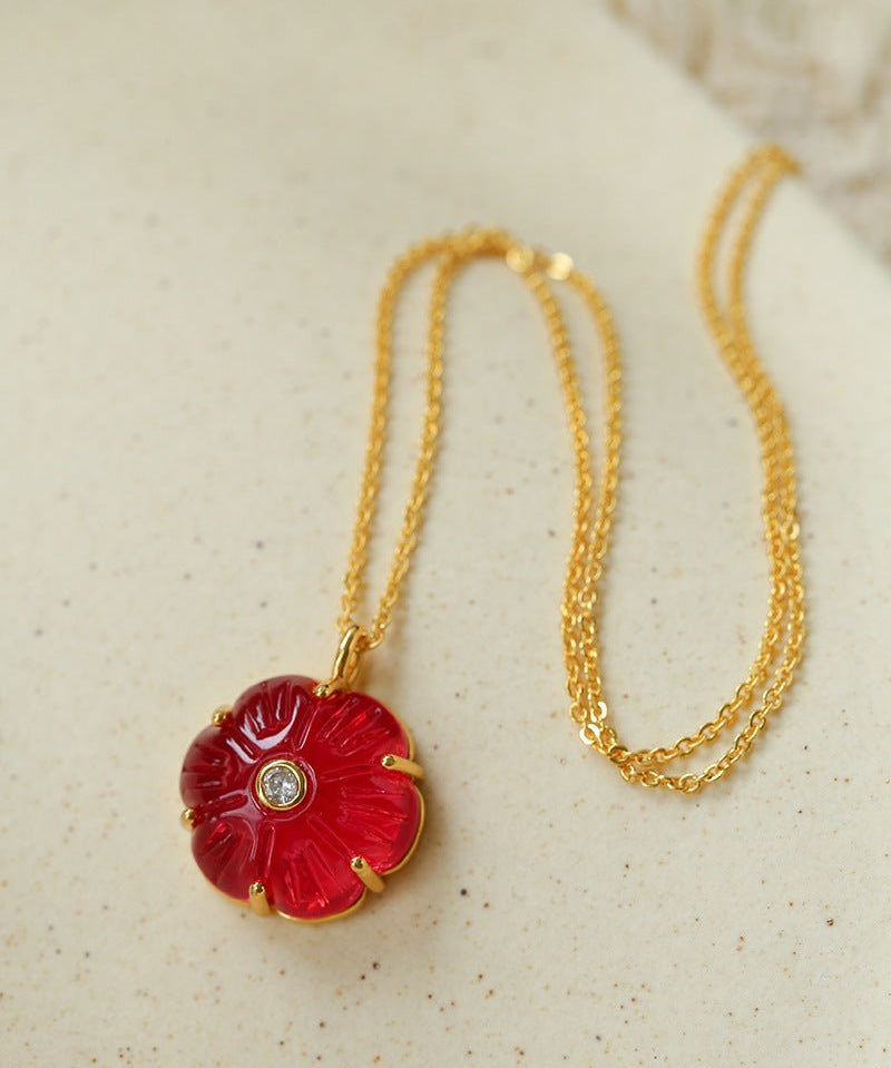 Handcrafted Glass Flower Pendant Necklace - 18K Gold Plated Vintage Floral Choker - floysun