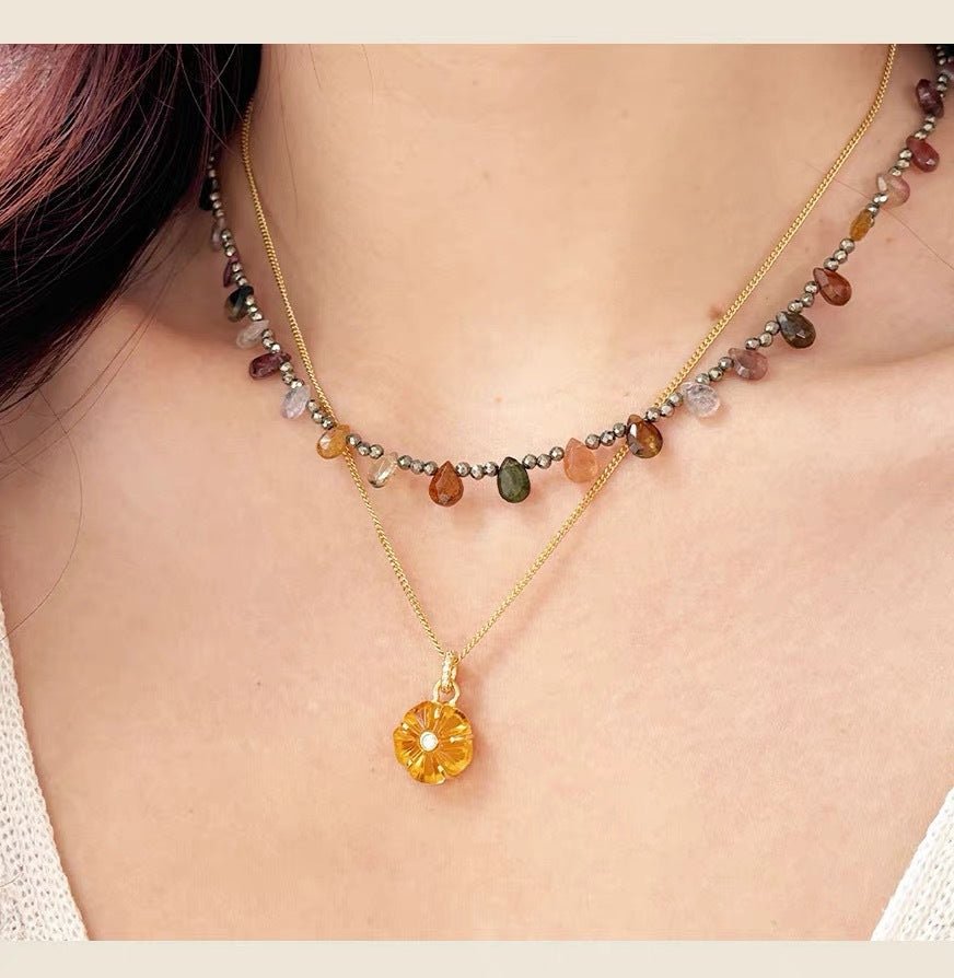 Handcrafted Glass Flower Pendant Necklace - 18K Gold Plated Vintage Floral Choker - floysun