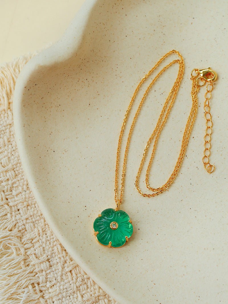 Handcrafted Glass Flower Pendant Necklace - 18K Gold Plated Vintage Floral Choker - floysun