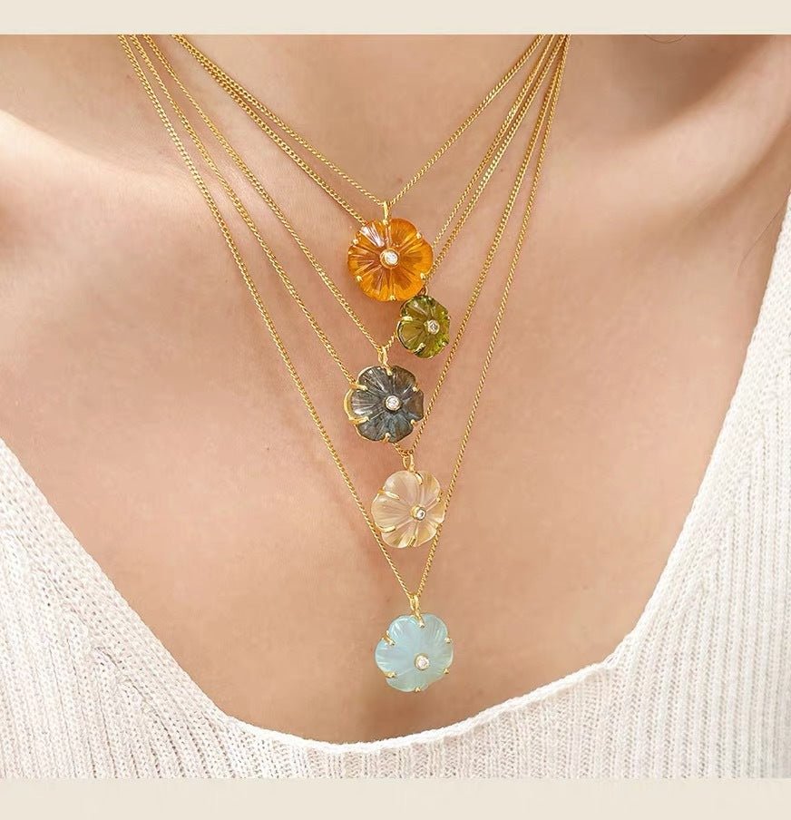 Handcrafted Glass Flower Pendant Necklace - 18K Gold Plated Vintage Floral Choker - floysun
