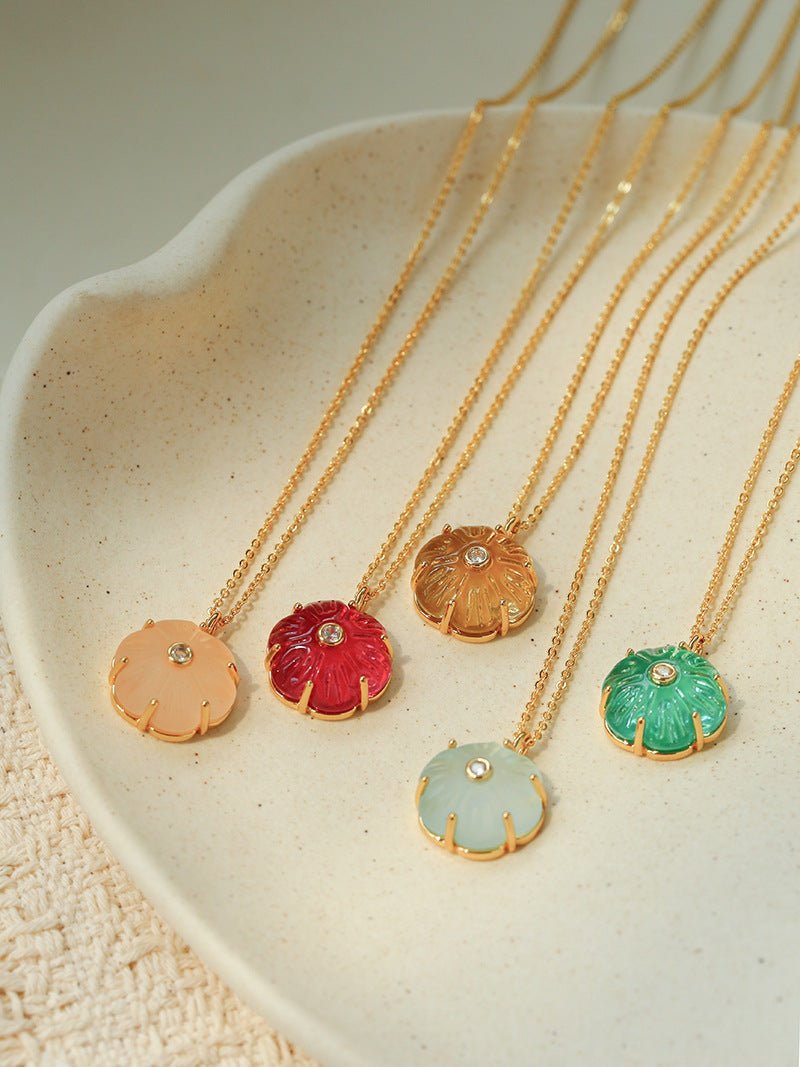 Handcrafted Glass Flower Pendant Necklace - 18K Gold Plated Vintage Floral Choker - floysun