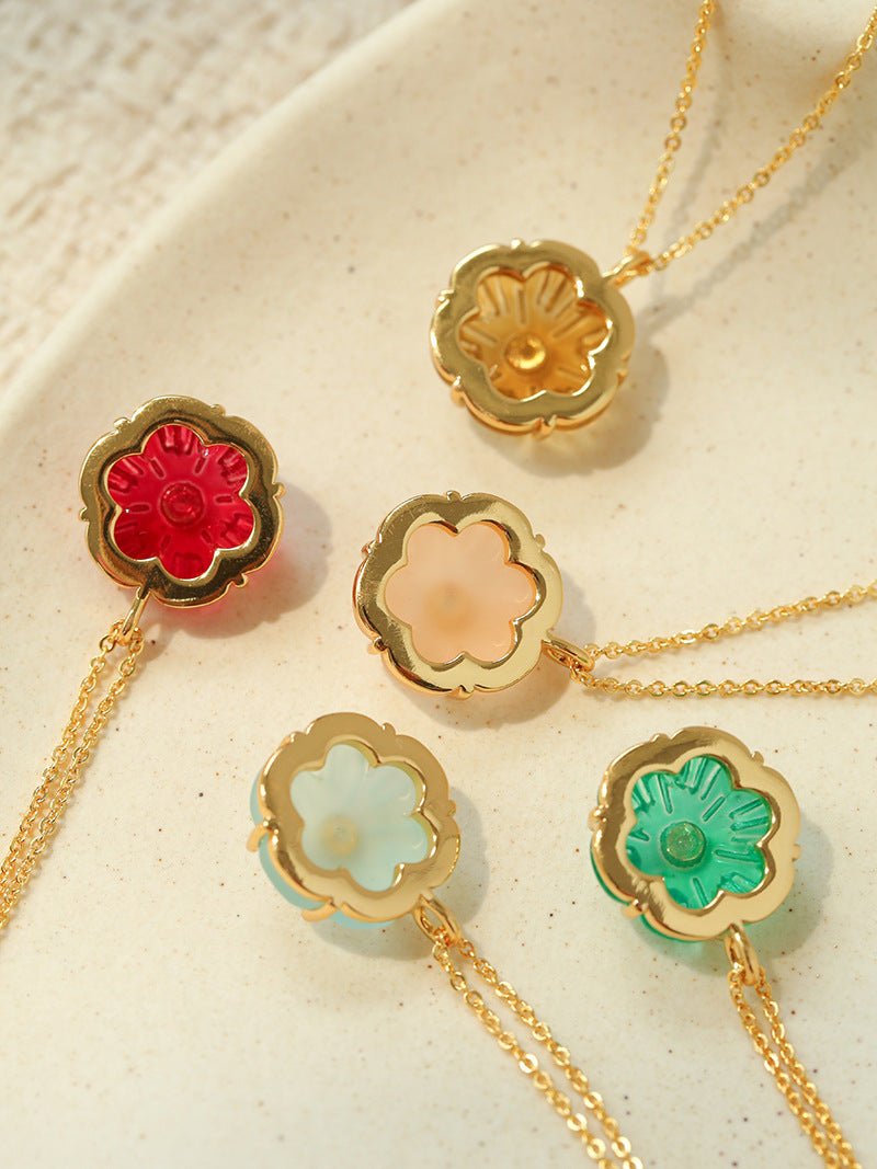 Handcrafted Glass Flower Pendant Necklace - 18K Gold Plated Vintage Floral Choker - floysun