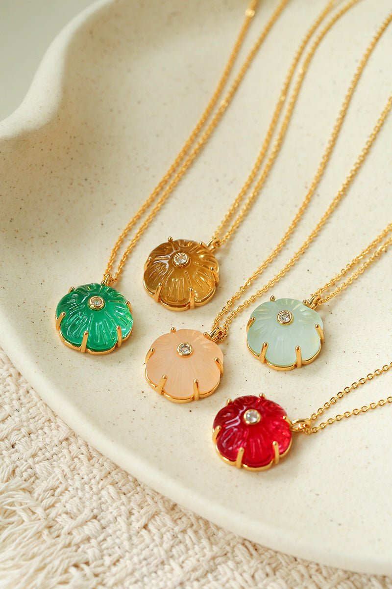 Handcrafted Glass Flower Pendant Necklace - 18K Gold Plated Vintage Floral Choker - floysun