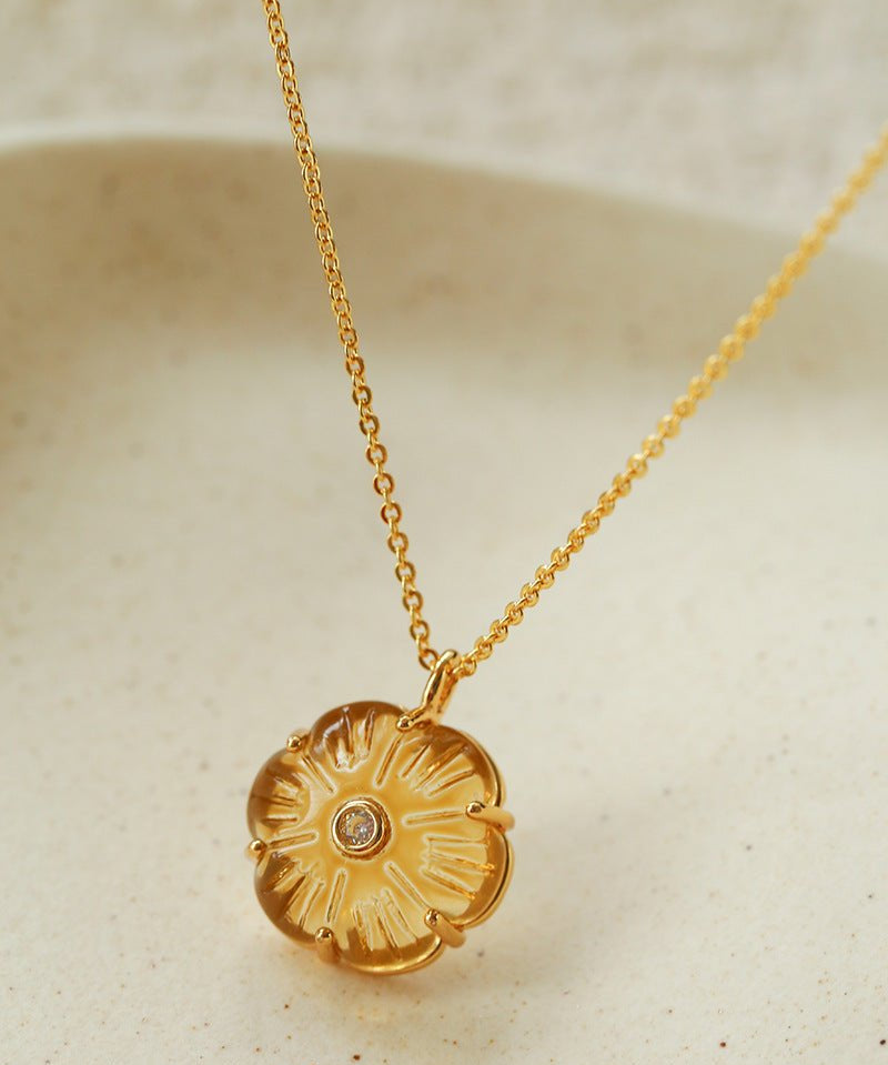 Handcrafted Glass Flower Pendant Necklace - 18K Gold Plated Vintage Floral Choker - floysun