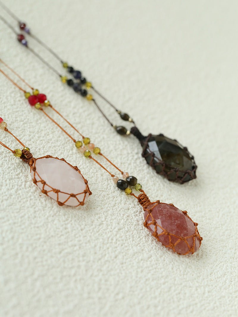 Handcrafted Macrame Crystal Pendant Necklace - Oval Labradorite Rose Quartz Strawberry Quartz Long Necklace - floysun
