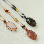 Handcrafted Macrame Crystal Pendant Necklace - Oval Labradorite Rose Quartz Strawberry Quartz Long Necklace - floysun