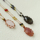 Handcrafted Macrame Crystal Pendant Necklace - Oval Labradorite Rose Quartz Strawberry Quartz Long Necklace - floysun