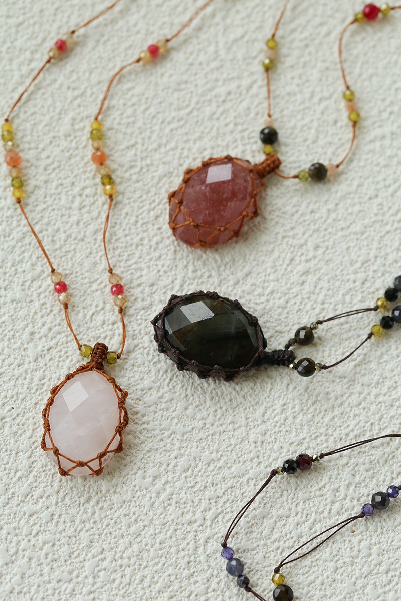 Handcrafted Macrame Crystal Pendant Necklace - Oval Labradorite Rose Quartz Strawberry Quartz Long Necklace - floysun
