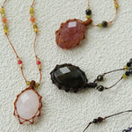 Handcrafted Macrame Crystal Pendant Necklace - Oval Labradorite Rose Quartz Strawberry Quartz Long Necklace - floysun