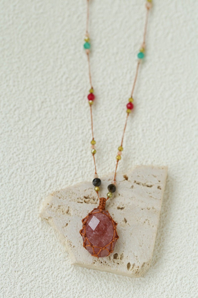 Handcrafted Macrame Crystal Pendant Necklace - Oval Labradorite Rose Quartz Strawberry Quartz Long Necklace - floysun