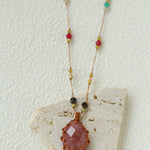 Handcrafted Macrame Crystal Pendant Necklace - Oval Labradorite Rose Quartz Strawberry Quartz Long Necklace - floysun