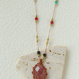Handcrafted Macrame Crystal Pendant Necklace - Oval Labradorite Rose Quartz Strawberry Quartz Long Necklace - floysun