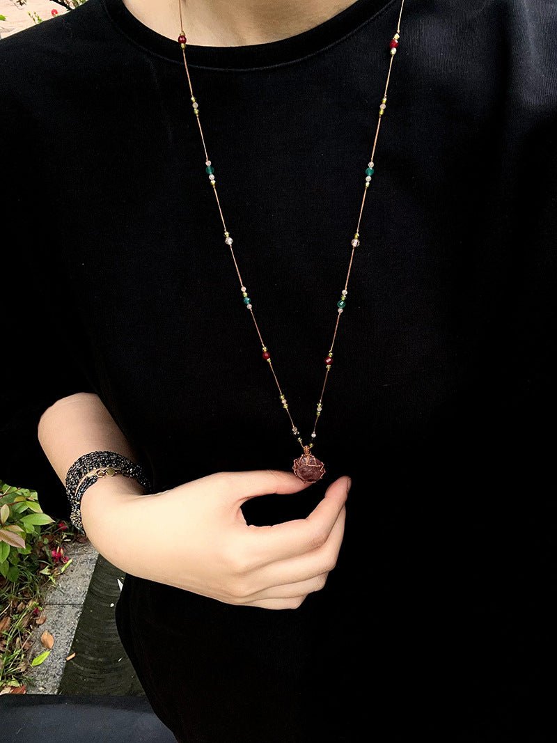 Handcrafted Macrame Crystal Pendant Necklace - Oval Labradorite Rose Quartz Strawberry Quartz Long Necklace - floysun