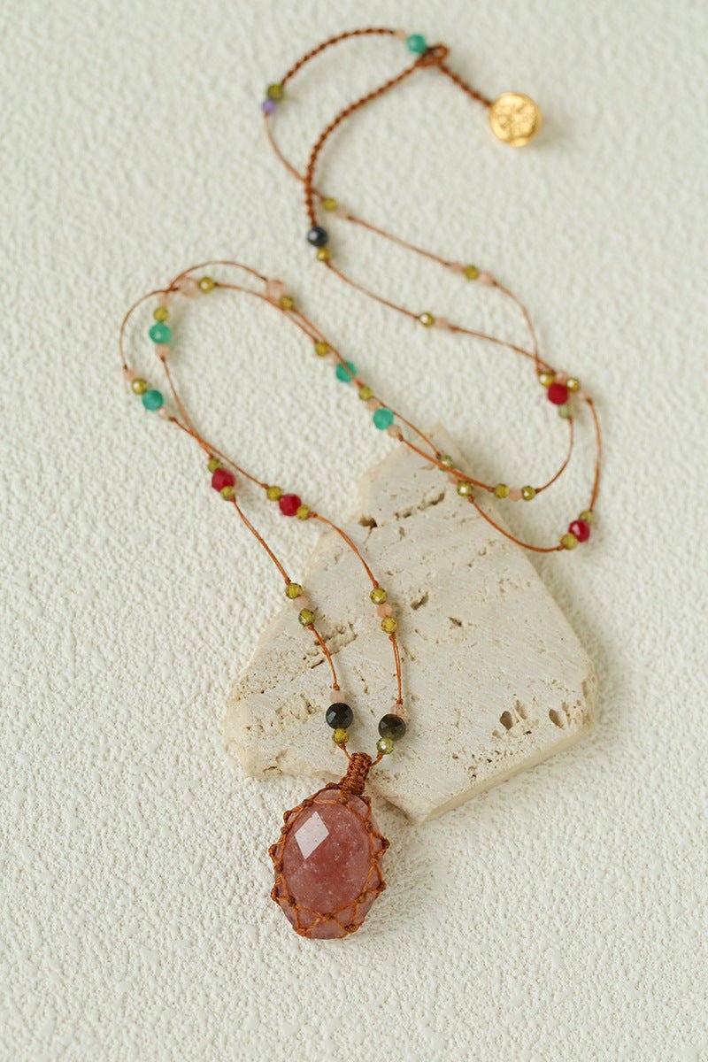 Handcrafted Macrame Crystal Pendant Necklace - Oval Labradorite Rose Quartz Strawberry Quartz Long Necklace - floysun