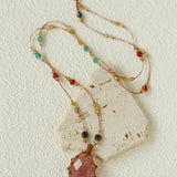 Handcrafted Macrame Crystal Pendant Necklace - Oval Labradorite Rose Quartz Strawberry Quartz Long Necklace - floysun