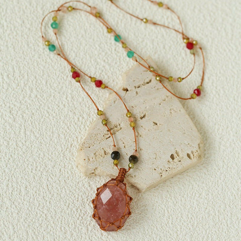 Handcrafted Macrame Crystal Pendant Necklace - Oval Labradorite Rose Quartz Strawberry Quartz Long Necklace - floysun