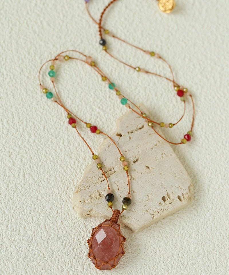 Handcrafted Macrame Crystal Pendant Necklace - Oval Labradorite Rose Quartz Strawberry Quartz Long Necklace - floysun