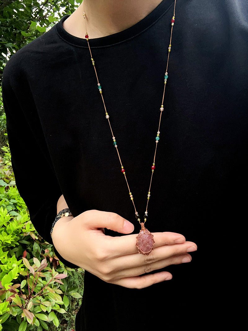 Handcrafted Macrame Crystal Pendant Necklace - Oval Labradorite Rose Quartz Strawberry Quartz Long Necklace - floysun