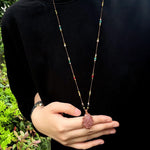 Handcrafted Macrame Crystal Pendant Necklace - Oval Labradorite Rose Quartz Strawberry Quartz Long Necklace - floysun