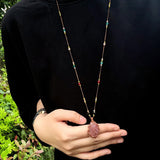 Handcrafted Macrame Crystal Pendant Necklace - Oval Labradorite Rose Quartz Strawberry Quartz Long Necklace - floysun