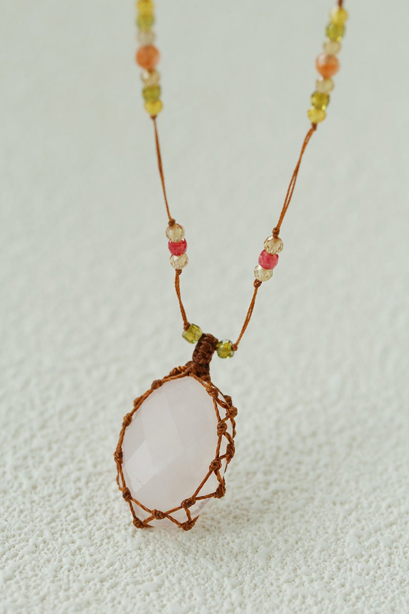 Handcrafted Macrame Crystal Pendant Necklace - Oval Labradorite Rose Quartz Strawberry Quartz Long Necklace - floysun