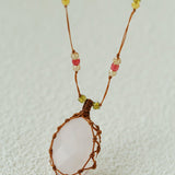Handcrafted Macrame Crystal Pendant Necklace - Oval Labradorite Rose Quartz Strawberry Quartz Long Necklace - floysun