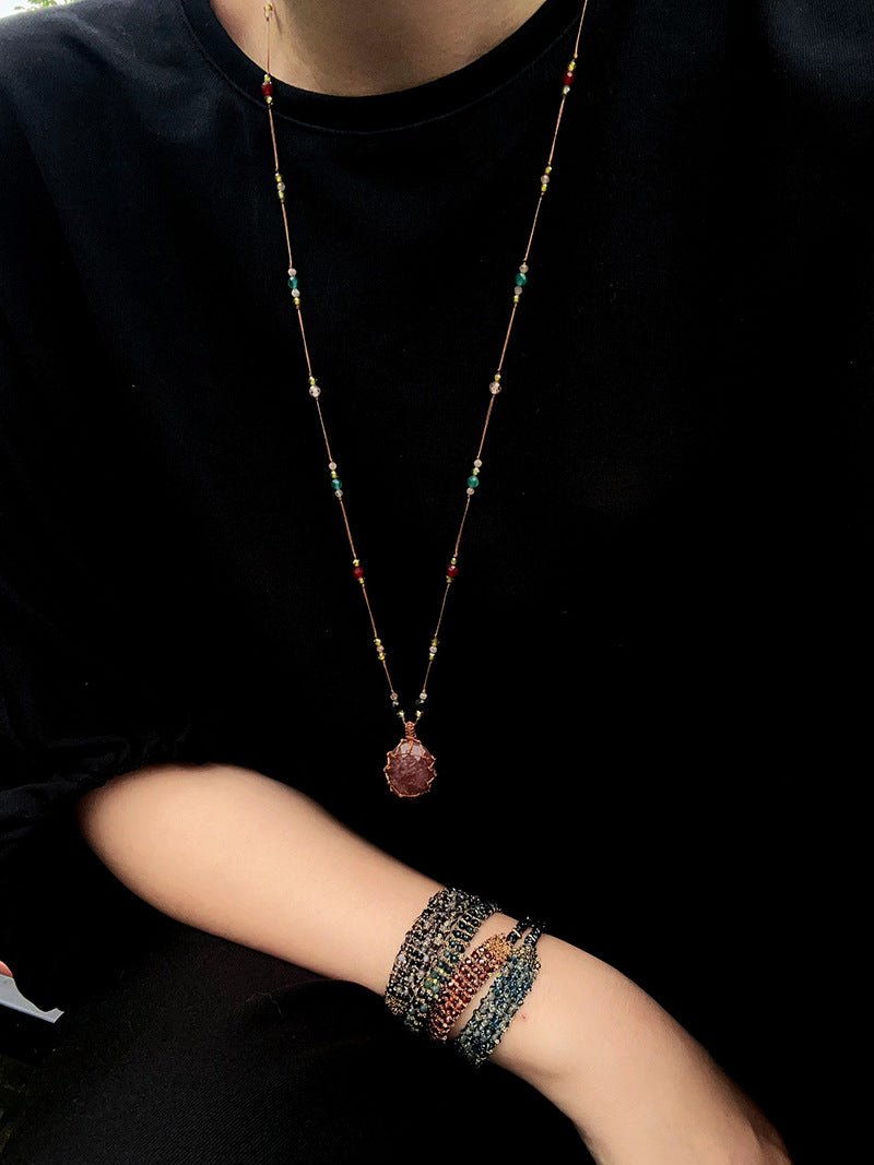 Handcrafted Macrame Crystal Pendant Necklace - Oval Labradorite Rose Quartz Strawberry Quartz Long Necklace - floysun