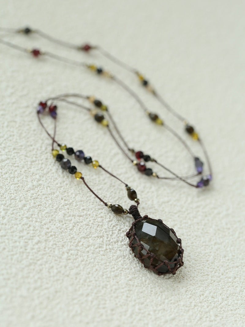 Handcrafted Macrame Crystal Pendant Necklace - Oval Labradorite Rose Quartz Strawberry Quartz Long Necklace - floysun