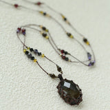 Handcrafted Macrame Crystal Pendant Necklace - Oval Labradorite Rose Quartz Strawberry Quartz Long Necklace - floysun