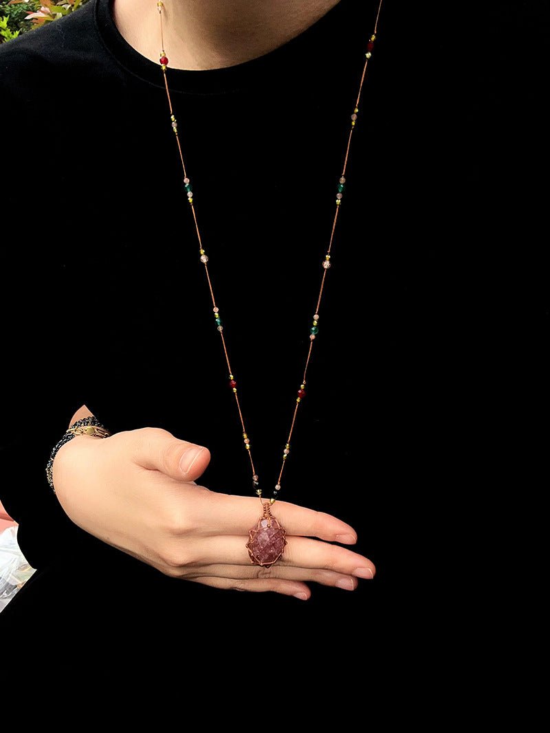 Handcrafted Macrame Crystal Pendant Necklace - Oval Labradorite Rose Quartz Strawberry Quartz Long Necklace - floysun