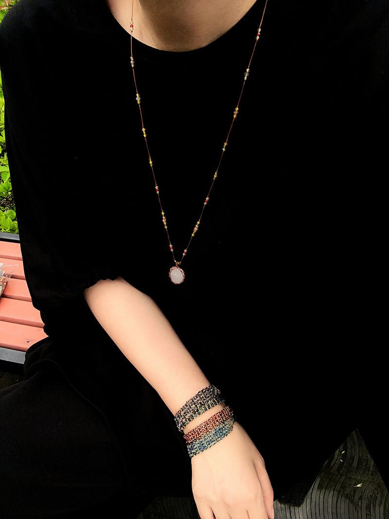 Handcrafted Macrame Crystal Pendant Necklace - Oval Labradorite Rose Quartz Strawberry Quartz Long Necklace - floysun