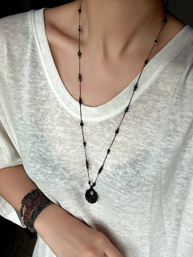 Handcrafted Macrame Crystal Pendant Necklace - Oval Labradorite Rose Quartz Strawberry Quartz Long Necklace - floysun