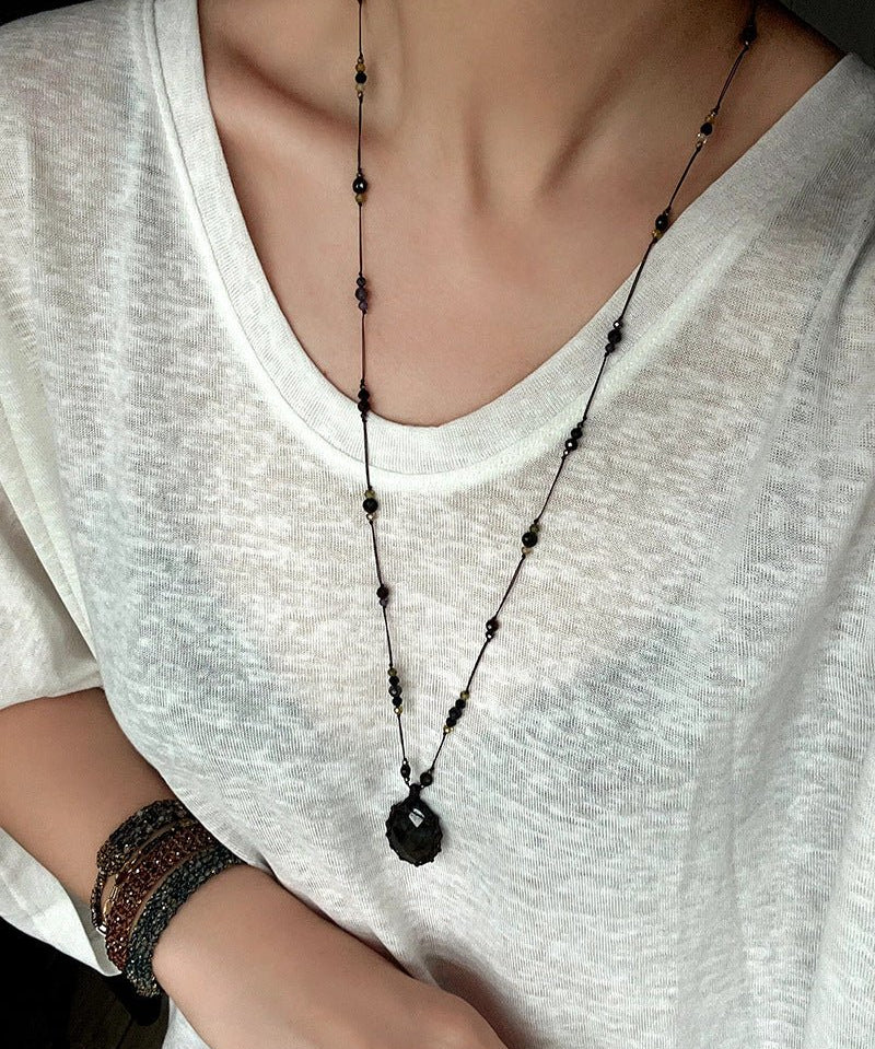 Handcrafted Macrame Crystal Pendant Necklace - Oval Labradorite Rose Quartz Strawberry Quartz Long Necklace - floysun