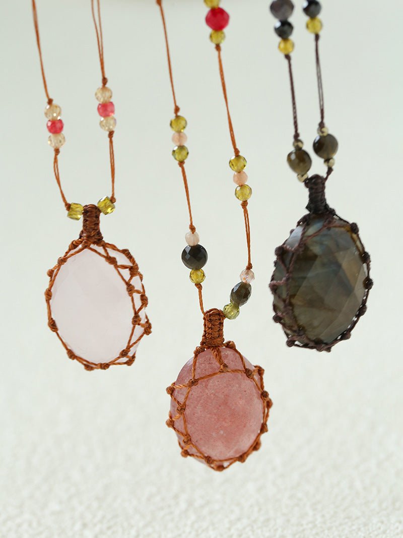 Handcrafted Macrame Crystal Pendant Necklace - Oval Labradorite Rose Quartz Strawberry Quartz Long Necklace - floysun