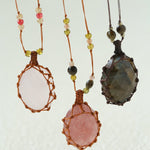 Handcrafted Macrame Crystal Pendant Necklace - Oval Labradorite Rose Quartz Strawberry Quartz Long Necklace - floysun