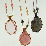 Handcrafted Macrame Crystal Pendant Necklace - Oval Labradorite Rose Quartz Strawberry Quartz Long Necklace - floysun