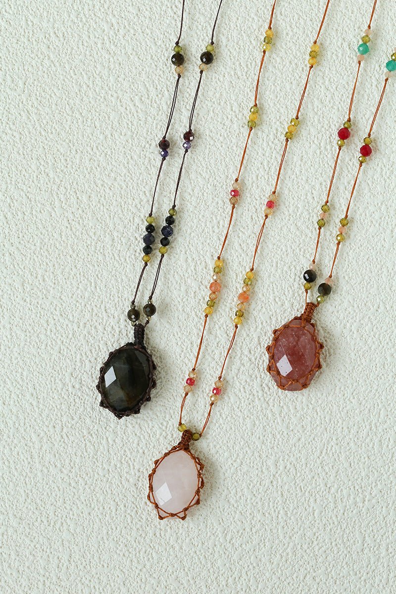 Handcrafted Macrame Crystal Pendant Necklace - Oval Labradorite Rose Quartz Strawberry Quartz Long Necklace - floysun