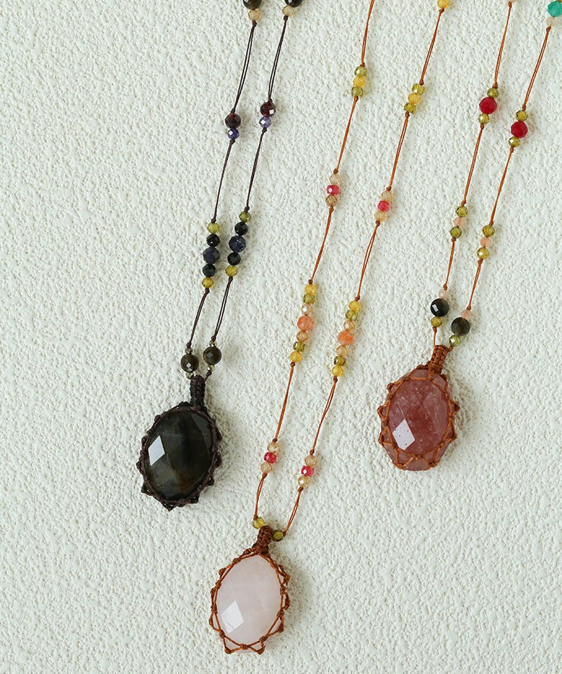 Handcrafted Macrame Crystal Pendant Necklace - Oval Labradorite Rose Quartz Strawberry Quartz Long Necklace - floysun