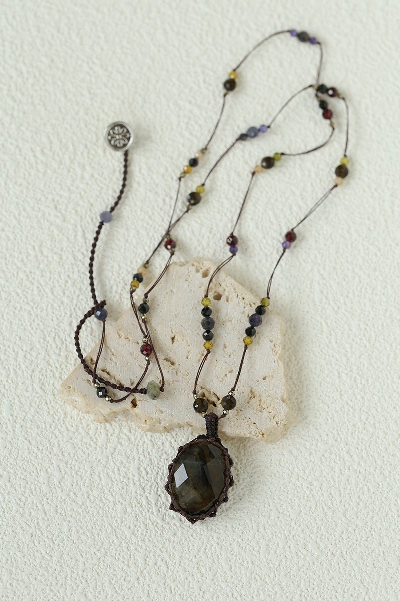 Handcrafted Macrame Crystal Pendant Necklace - Oval Labradorite Rose Quartz Strawberry Quartz Long Necklace - floysun