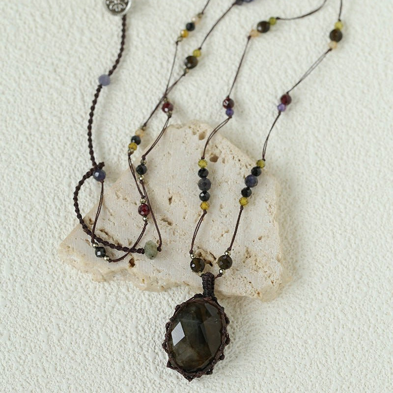 Handcrafted Macrame Crystal Pendant Necklace - Oval Labradorite Rose Quartz Strawberry Quartz Long Necklace - floysun
