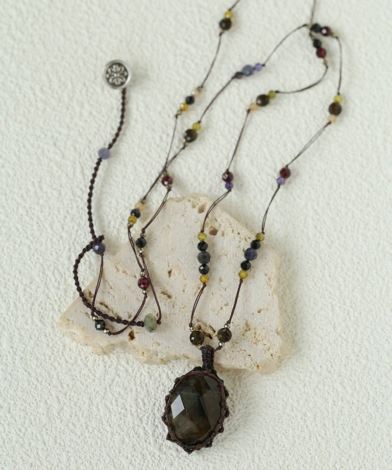 Handcrafted Macrame Crystal Pendant Necklace - Oval Labradorite Rose Quartz Strawberry Quartz Long Necklace - floysun