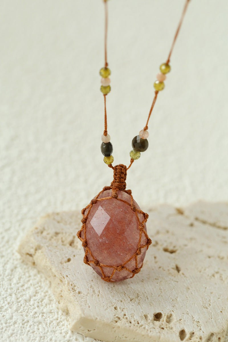 Handcrafted Macrame Crystal Pendant Necklace - Oval Labradorite Rose Quartz Strawberry Quartz Long Necklace - floysun