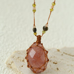Handcrafted Macrame Crystal Pendant Necklace - Oval Labradorite Rose Quartz Strawberry Quartz Long Necklace - floysun