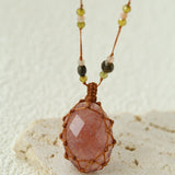 Handcrafted Macrame Crystal Pendant Necklace - Oval Labradorite Rose Quartz Strawberry Quartz Long Necklace - floysun